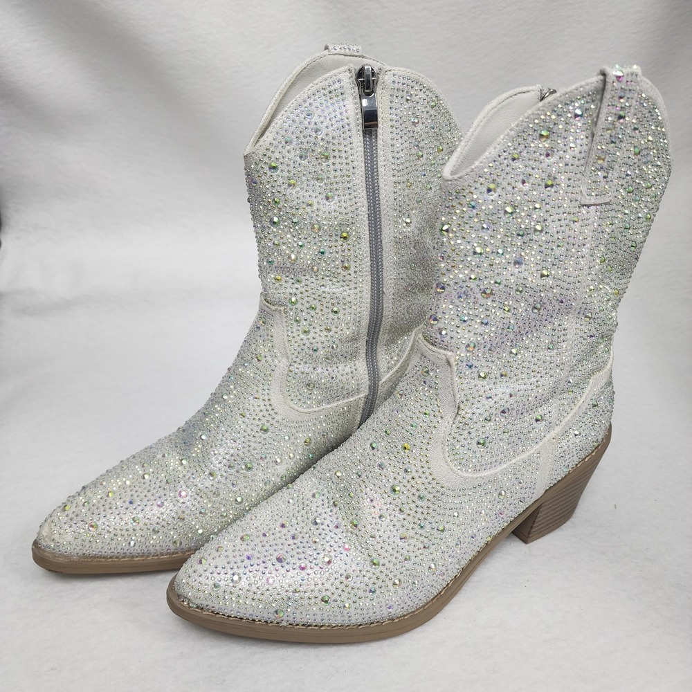 Dream Pairs Womens US 8 Western Boots Silver Rhinestone Side Zip Heeled Boots